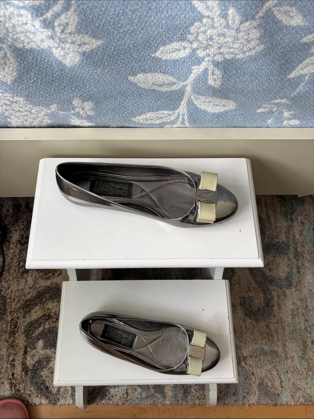 Salvatore Ferragamo Metallic Gray Ballet Flats with Cream Bow Accent